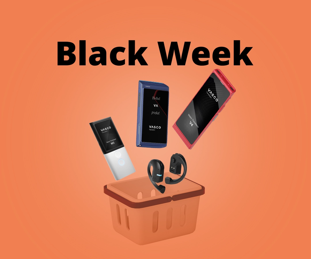Vasco V4-, Q1-, M3- ja E1-kääntäjät putoavat ostoskoriin oranssilla taustalla. Taustalla teksti “Black Week”.